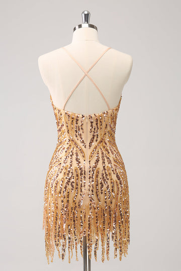 Sparkly Gold Tight Sequins V Neck Homecoming Dress with Fringes